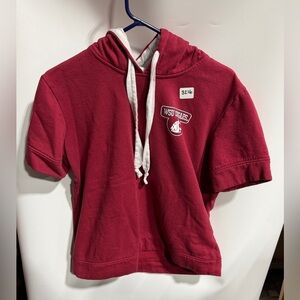 #3216-Cougar Short-Sleeve Hoodie in Deep Red with White Drawstrings